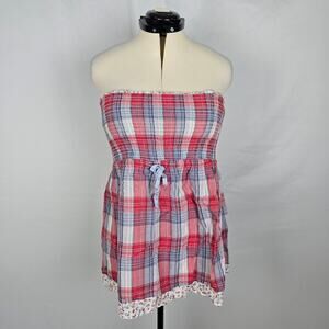 Maurices Blouse Women's XXL Pink Blue Plaid & Floral Trim Waist Tie Strapless